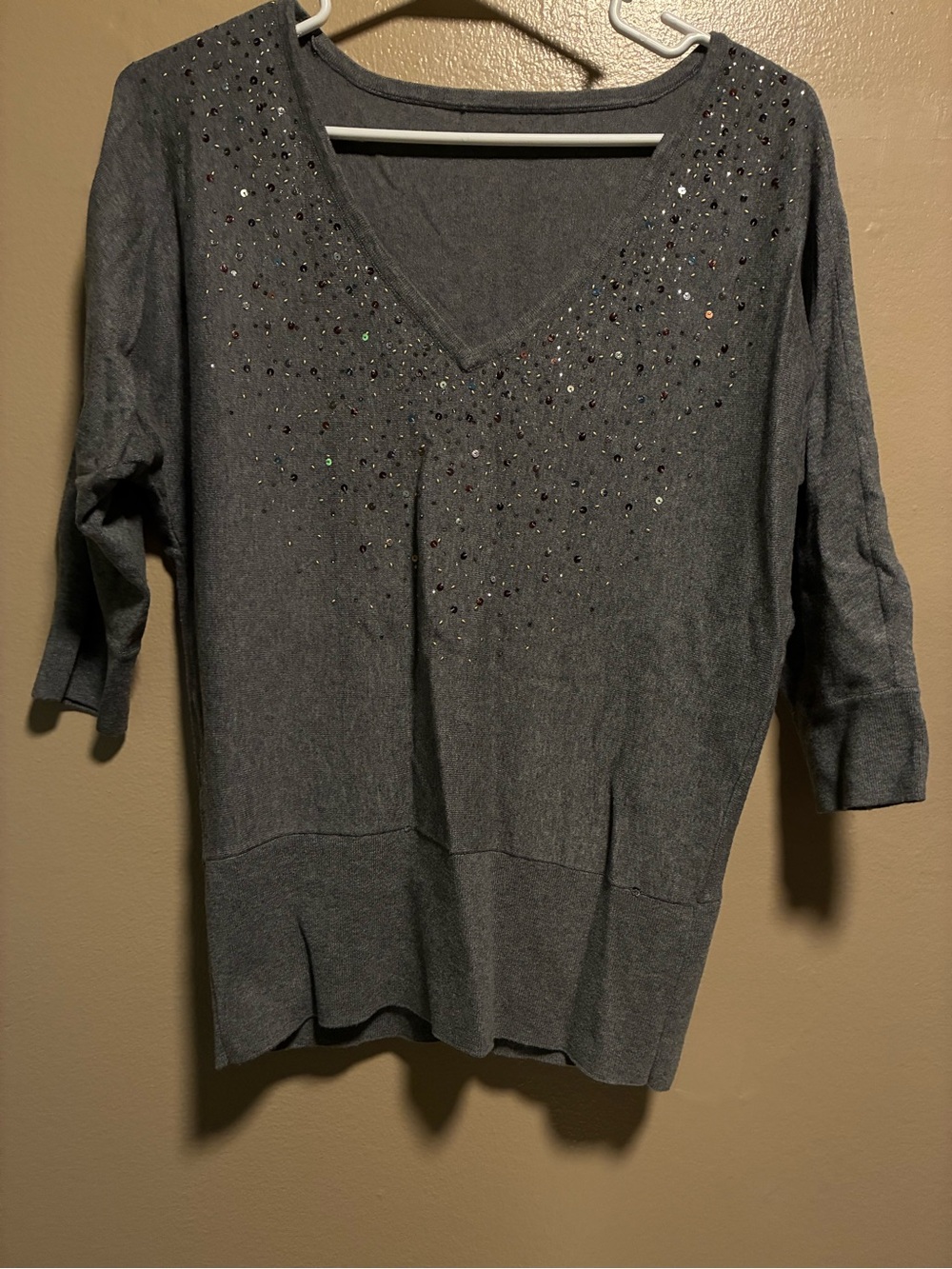 White House Black Market Charcoal V-Neck Sequin Embellished Sweater